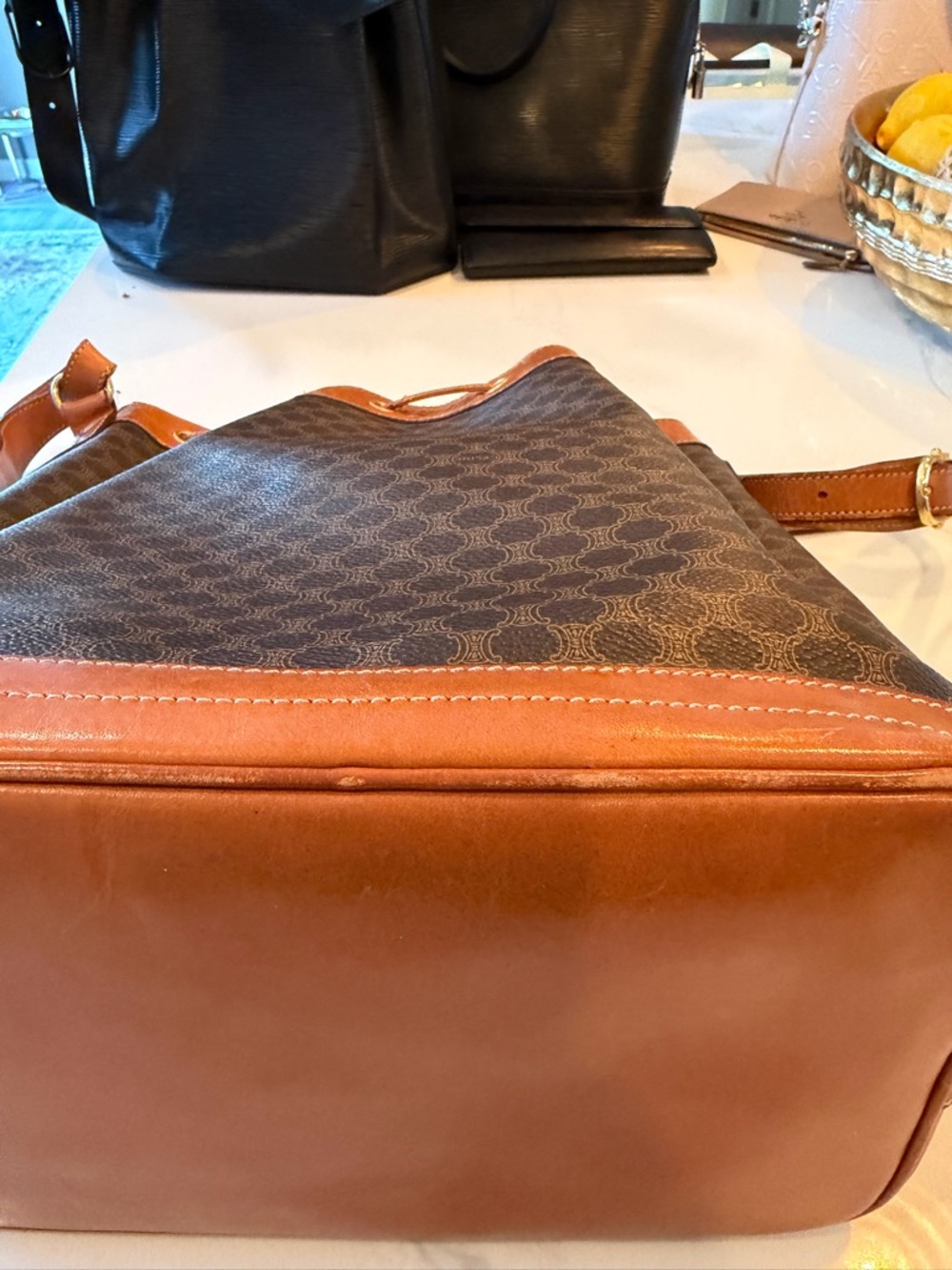 Celine Brown Monogram Leather-Trim Drawstring Bucket Bag - Picture 4 of 10
